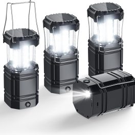 Solar Camping Lantern 4 Pack, Rechargeable LED Lantern with Flashlight, USB-C & Solar Powered, Collapsible Emergency Lights for Hurricane, Power Outages, Outdoor Use